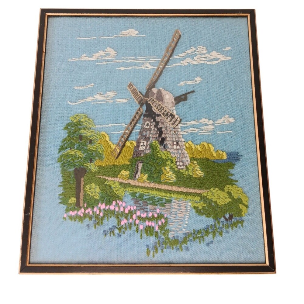 VTG Embroidery Crewel Southampton Petticoat Windmill Long Island Glass & Framed